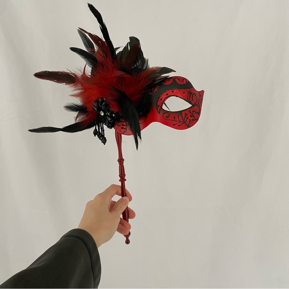 Red & Black Masquerade Mask with Feathers and Beaded Handle